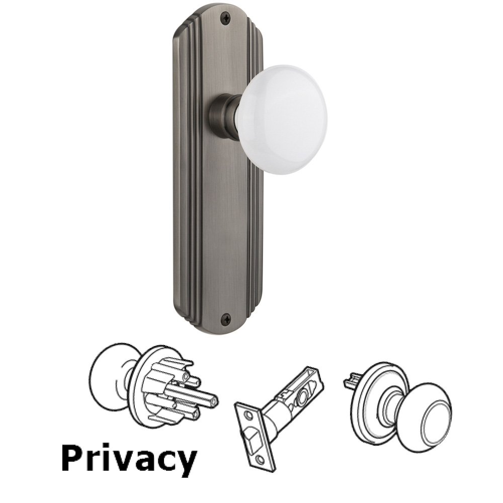 Complete Privacy Set Without Keyhole - Deco Plate with White Porcelain Knob in Antique Pewter
