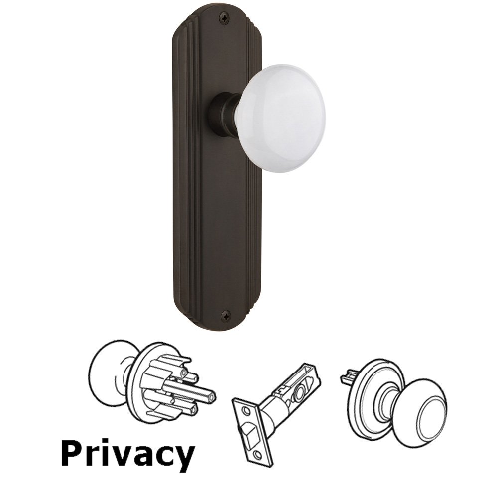 Privacy Deco Plate with White Porcelain Door Knob in Oil-Rubbed Bronze