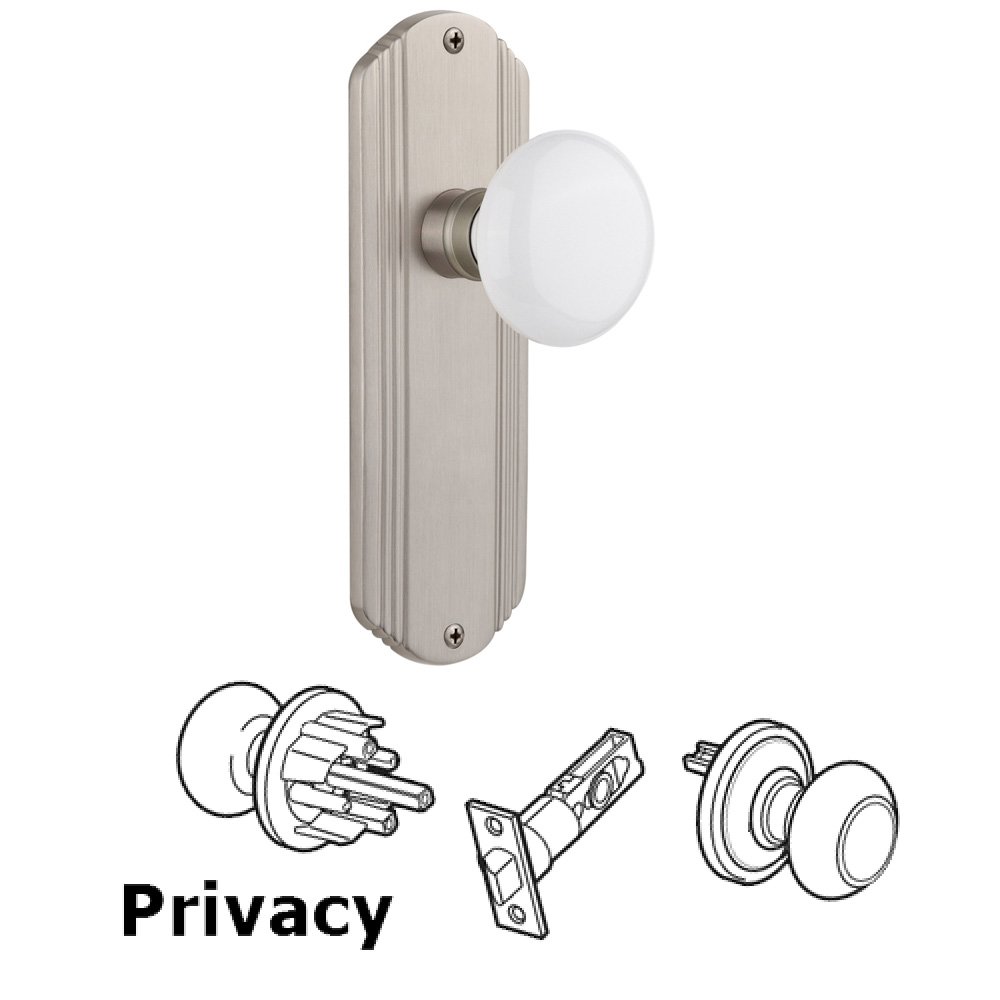 Privacy Deco Plate with White Porcelain Door Knob in Satin Nickel