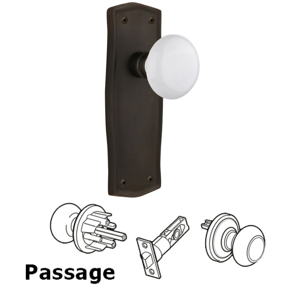 Complete Passage Set Without Keyhole - Prairie Plate with White Porcelain Knob in Oil Rubbed Bronze