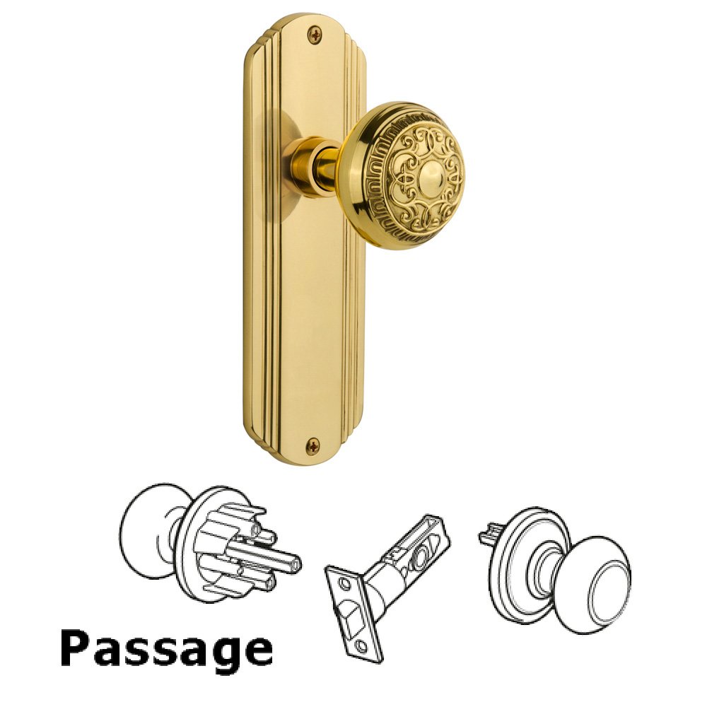 Complete Passage Set Without Keyhole - Deco Plate with Egg & Dart Knob in Polished Brass