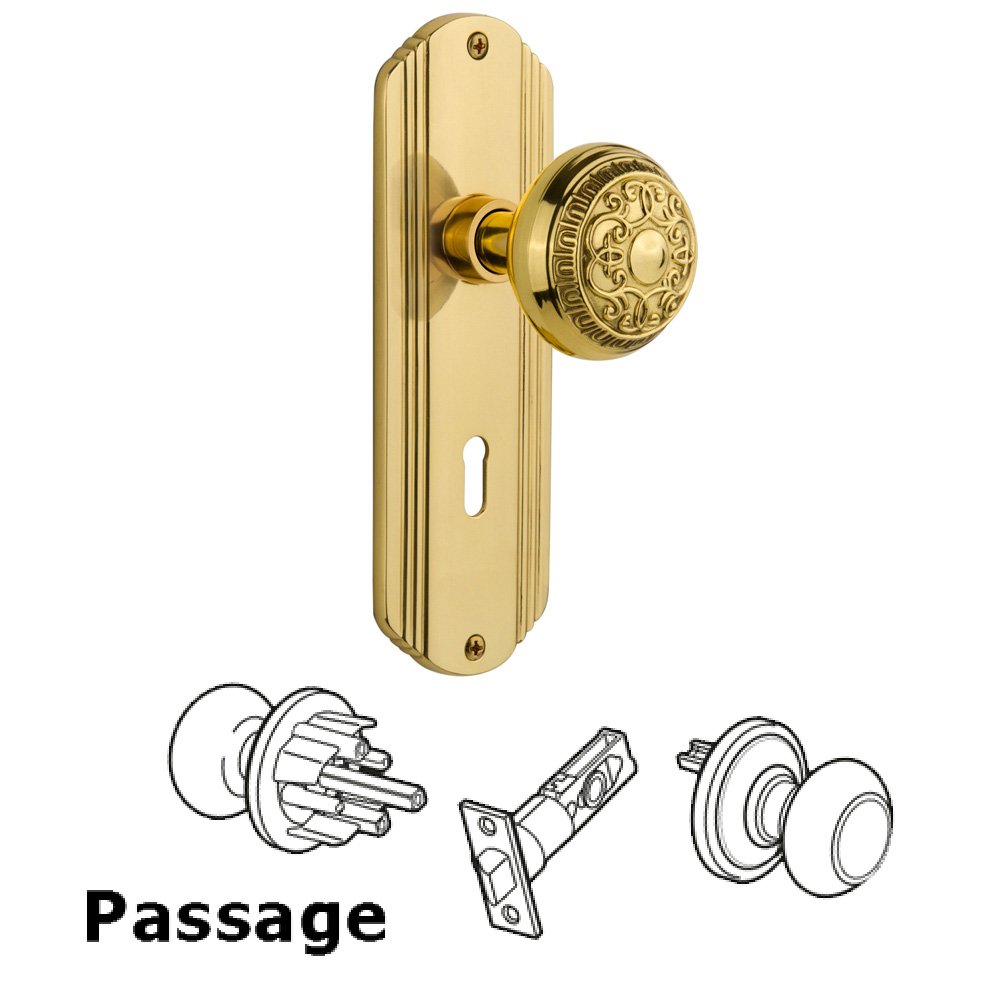Passage Deco Plate with Keyhole and Egg & Dart Door Knob in Polished Brass