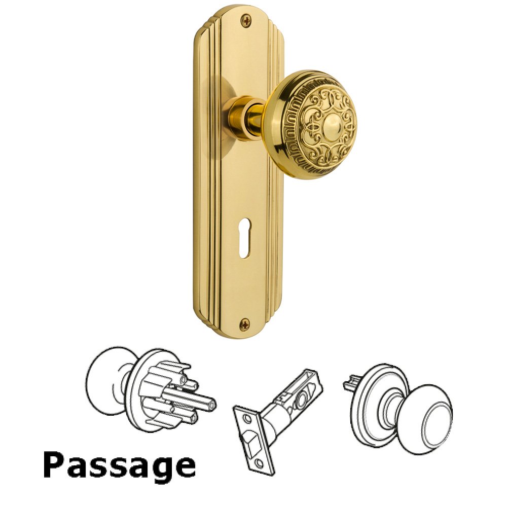 Passage Deco Plate with Keyhole and Egg & Dart Door Knob in Unlacquered Brass
