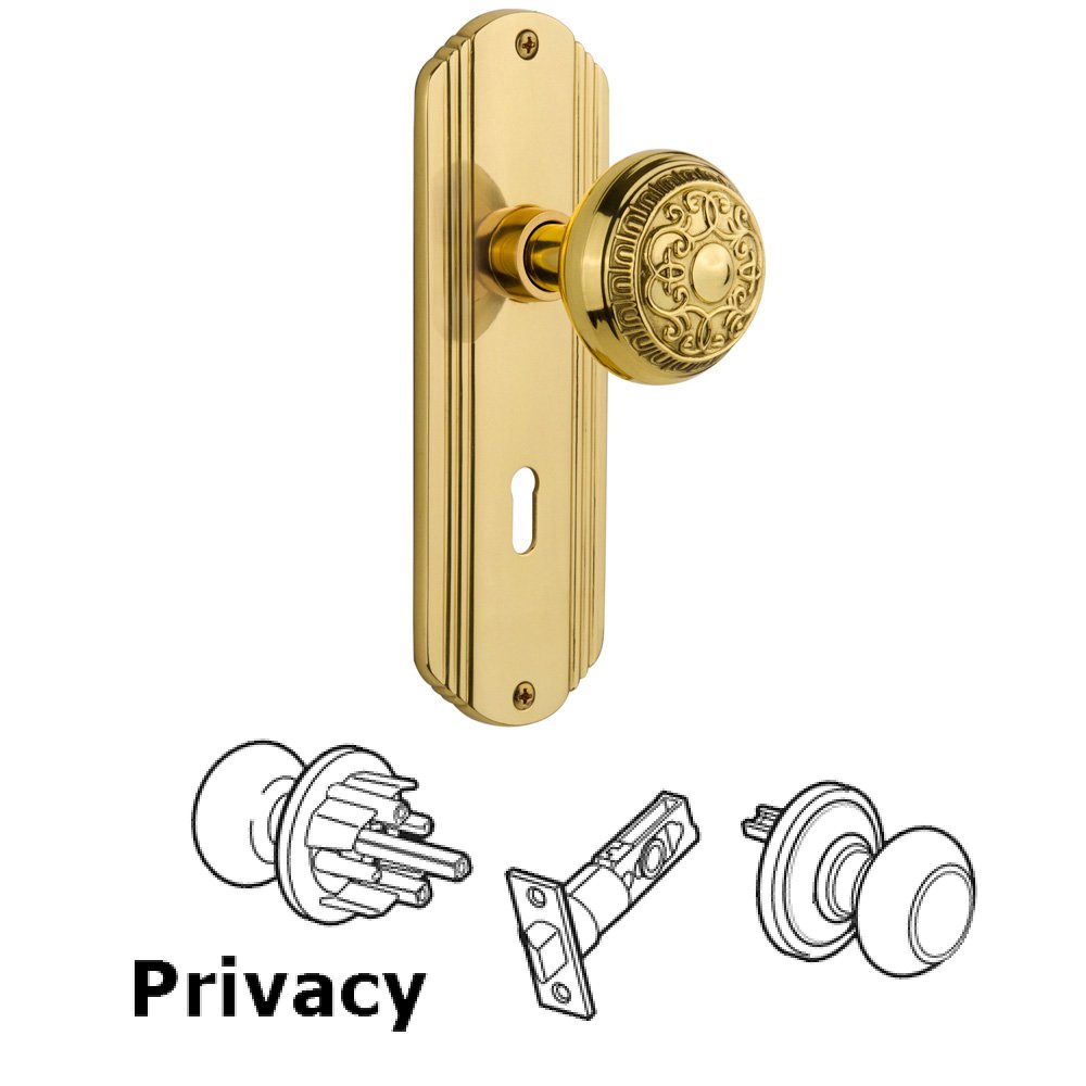 Complete Privacy Set With Keyhole - Deco Plate with Egg & Dart Knob in Unlacquered Brass