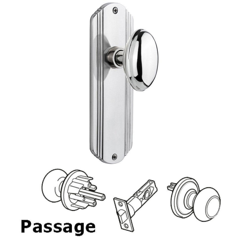 Complete Passage Set Without Keyhole - Deco Plate with Homestead Knob in Bright Chrome