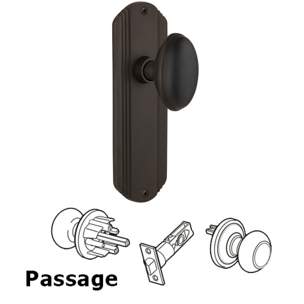 Complete Passage Set Without Keyhole - Deco Plate with Homestead Knob in Oil Rubbed Bronze