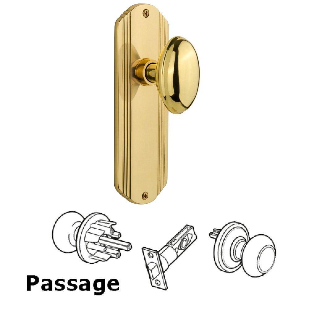 Passage Deco Plate with Homestead Door Knob in Unlacquered Brass