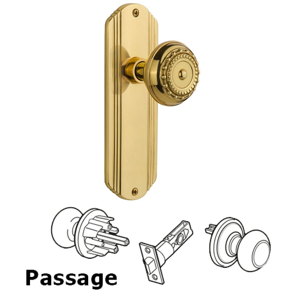 Complete Passage Set Without Keyhole - Deco Plate with Meadows Knob in Polished Brass