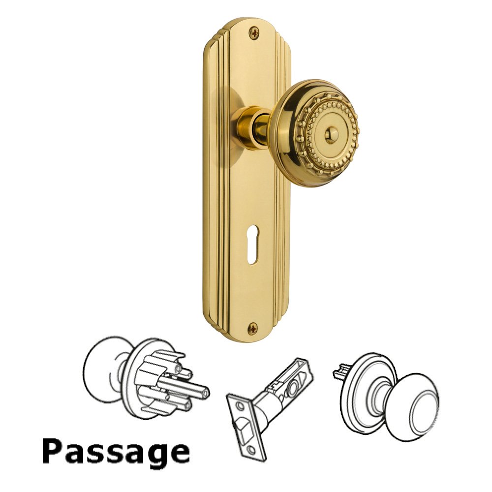 Complete Passage Set With Keyhole - Deco Plate with Meadows Knob in Polished Brass