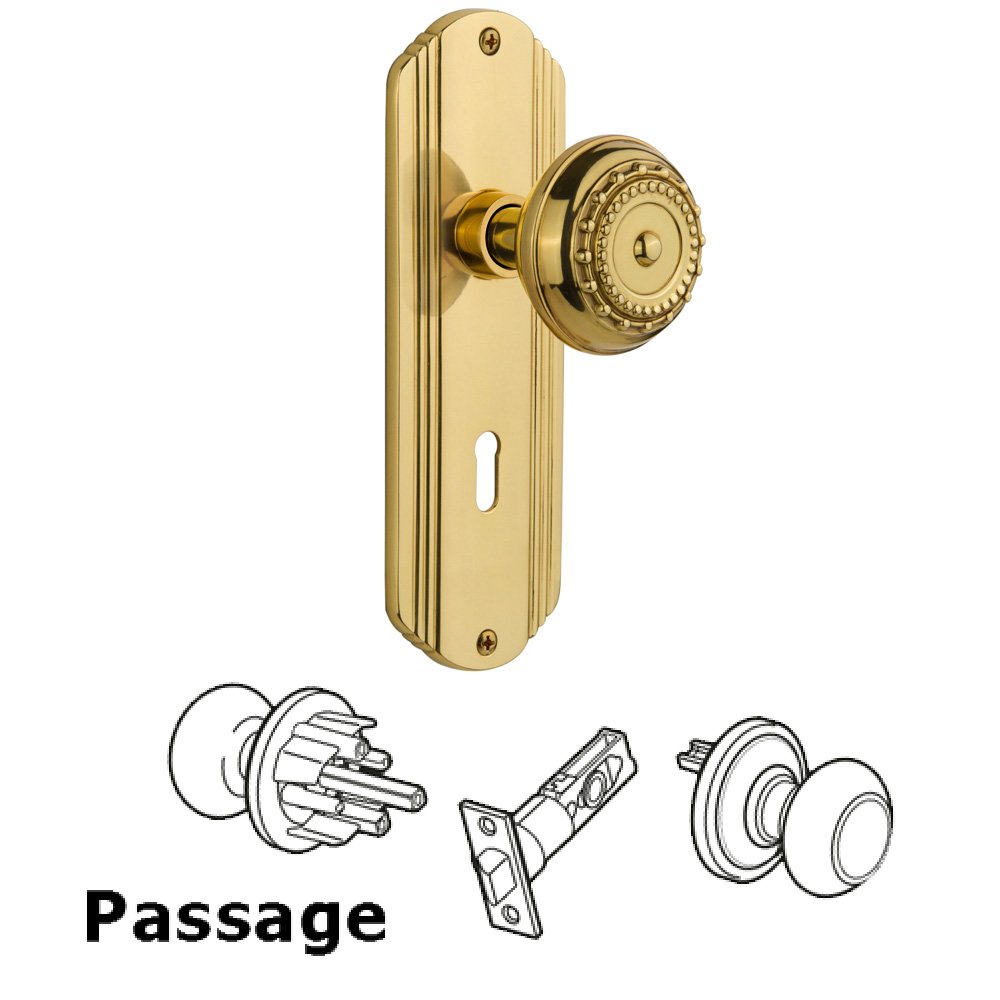 Complete Passage Set With Keyhole - Deco Plate with Meadows Knob in Unlacquered Brass