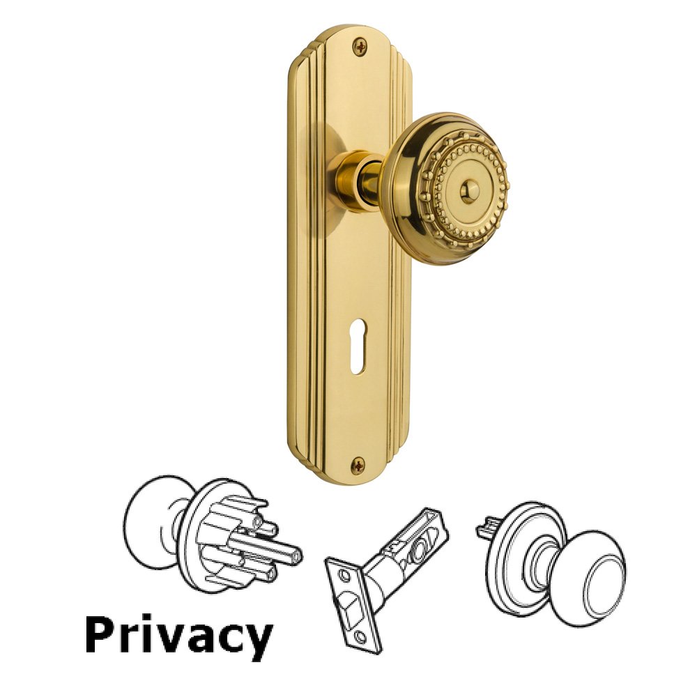 Complete Privacy Set With Keyhole - Deco Plate with Meadows Knob in Polished Brass