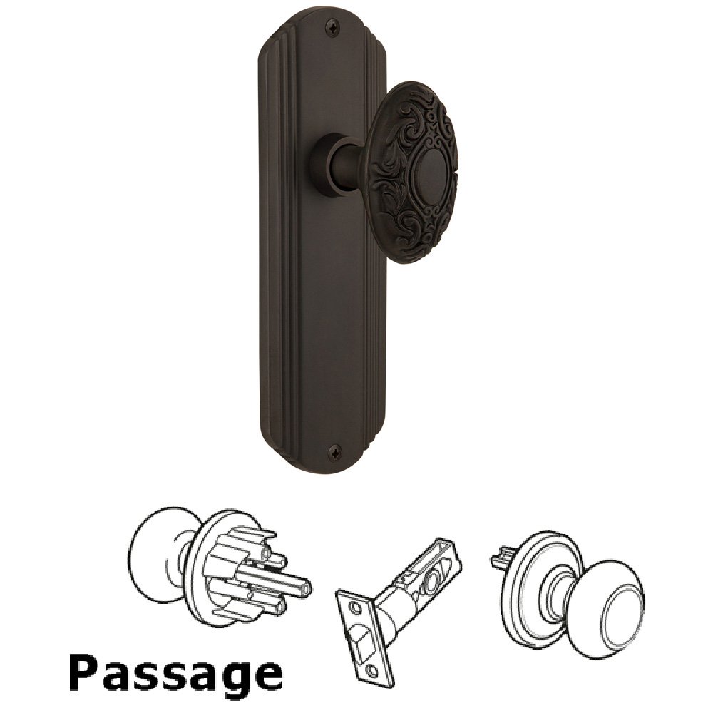 Complete Passage Set Without Keyhole - Deco Plate with Victorian Knob in Oil Rubbed Bronze
