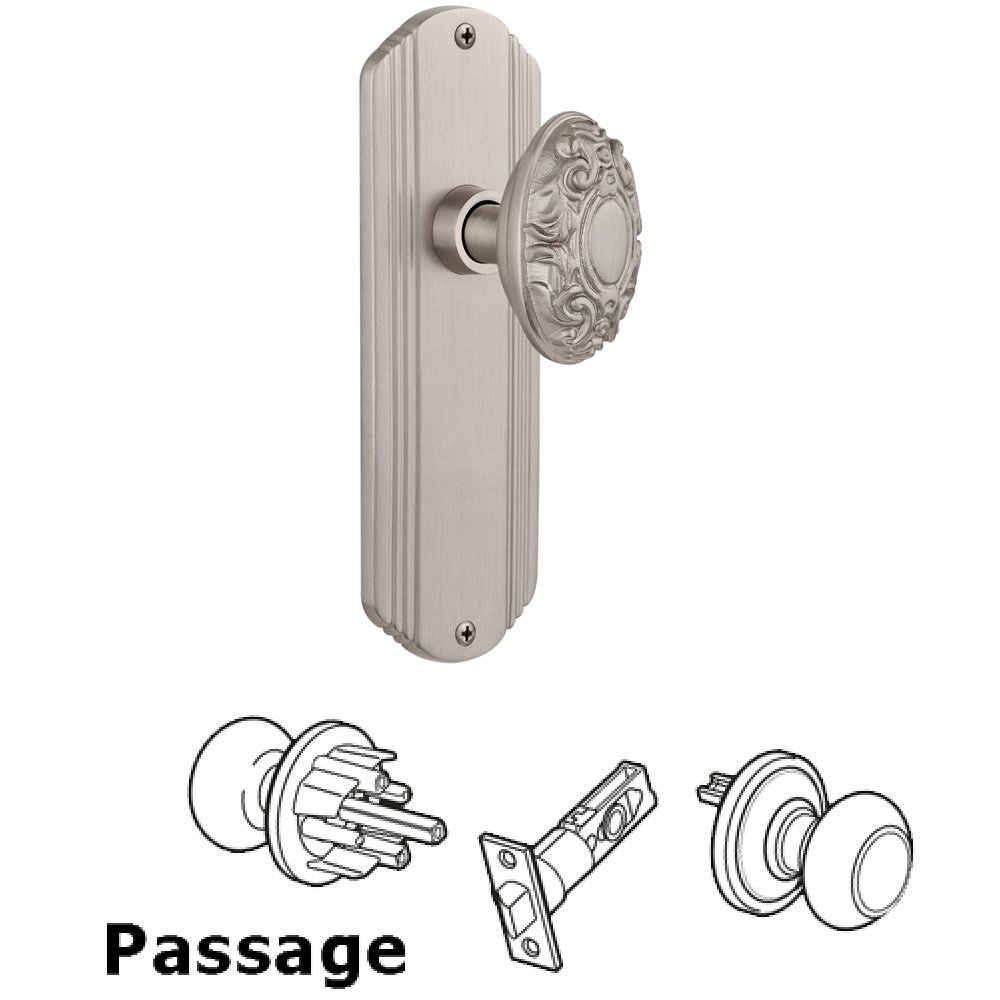 Complete Passage Set Without Keyhole - Deco Plate with Victorian Knob in Satin Nickel