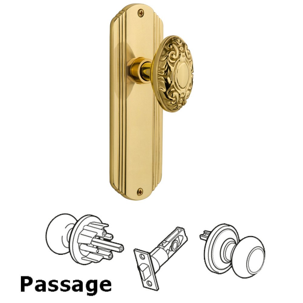 Complete Passage Set Without Keyhole - Deco Plate with Victorian Knob in Unlacquered Brass