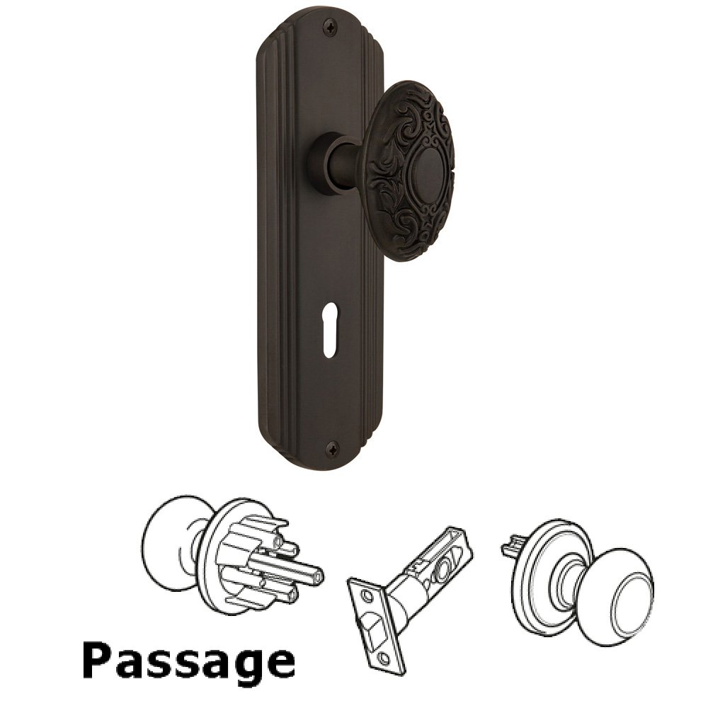 Complete Passage Set With Keyhole - Deco Plate with Victorian Knob in Oil Rubbed Bronze