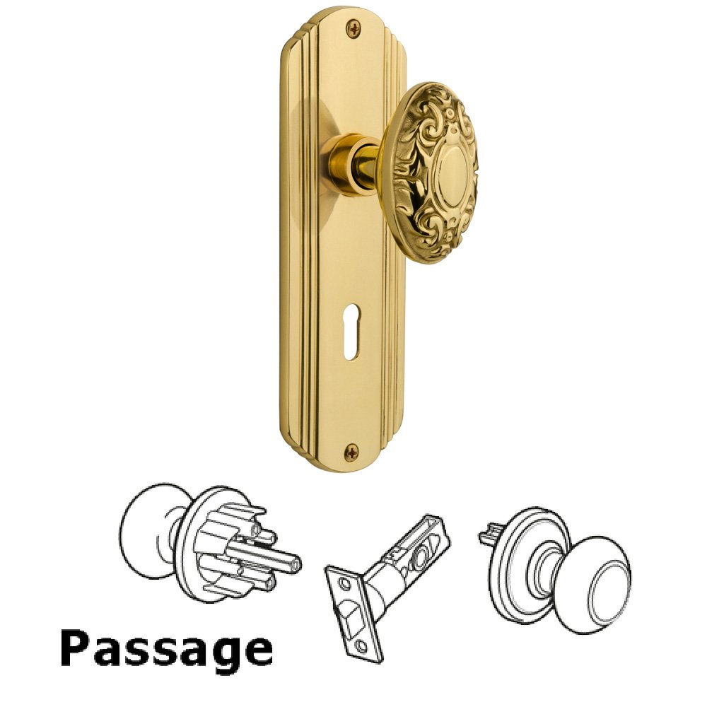 Complete Passage Set With Keyhole - Deco Plate with Victorian Knob in Polished Brass