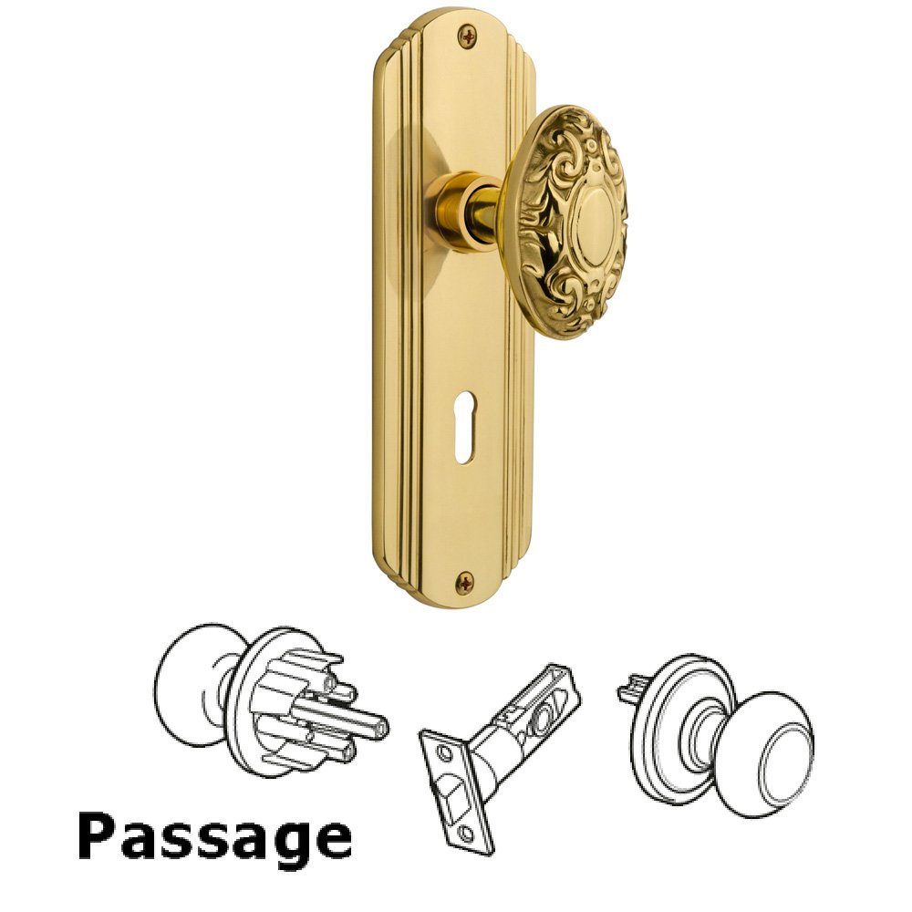Passage Deco Plate with Keyhole and Victorian Door Knob in Unlacquered Brass