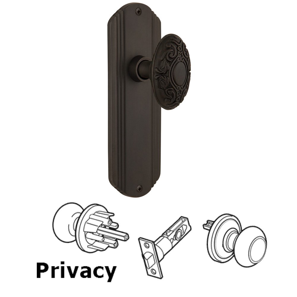 Complete Privacy Set Without Keyhole - Deco Plate with Victorian Knob in Oil Rubbed Bronze