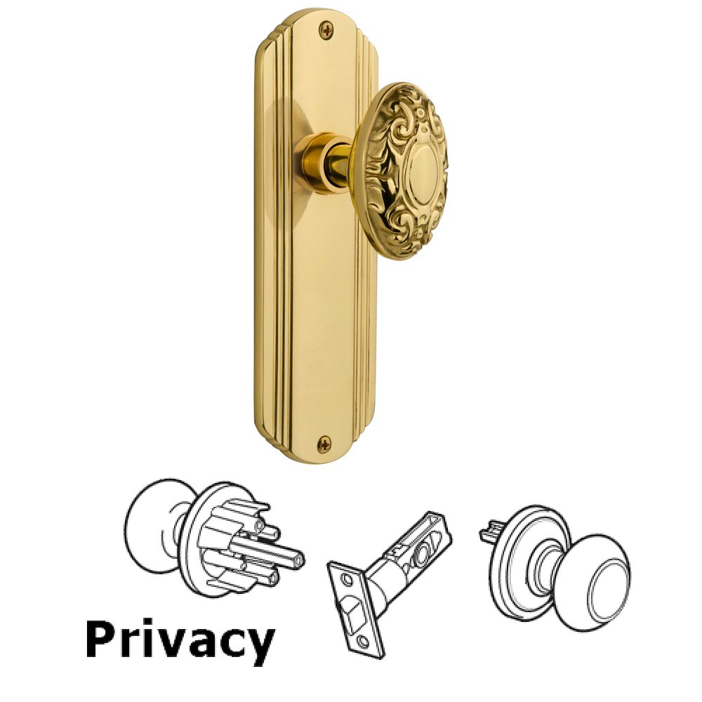 Complete Privacy Set Without Keyhole - Deco Plate with Victorian Knob in Polished Brass