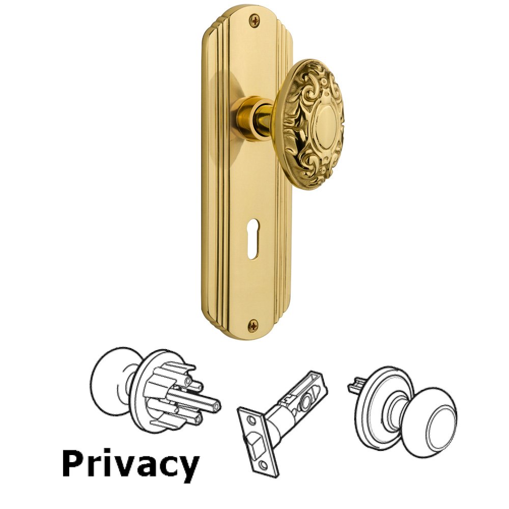 Privacy Deco Plate with Keyhole and Victorian Door Knob in Polished Brass