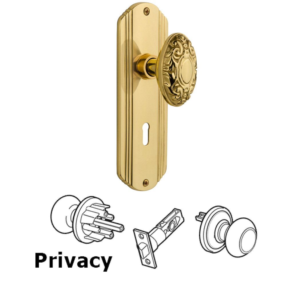 Complete Privacy Set With Keyhole - Deco Plate with Victorian Knob in Unlacquered Brass
