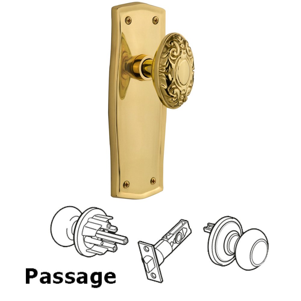 Complete Passage Set Without Keyhole - Prairie Plate with Victorian Knob in Polished Brass