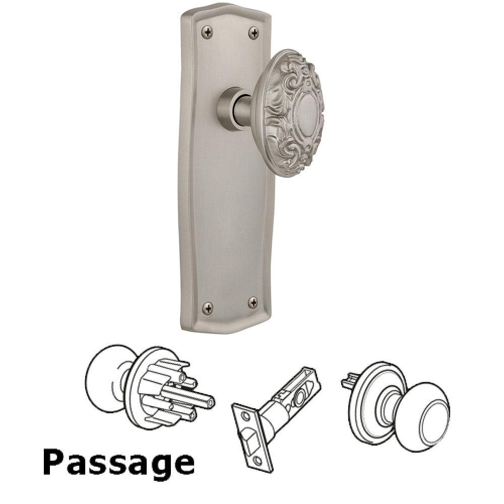 Complete Passage Set Without Keyhole - Prairie Plate with Victorian Knob in Satin Nickel