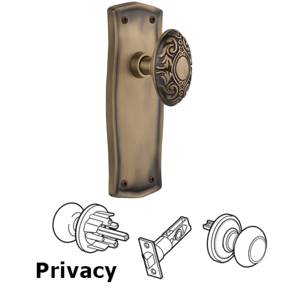 Complete Privacy Set Without Keyhole - Prairie Plate with Victorian Knob in Antique Brass