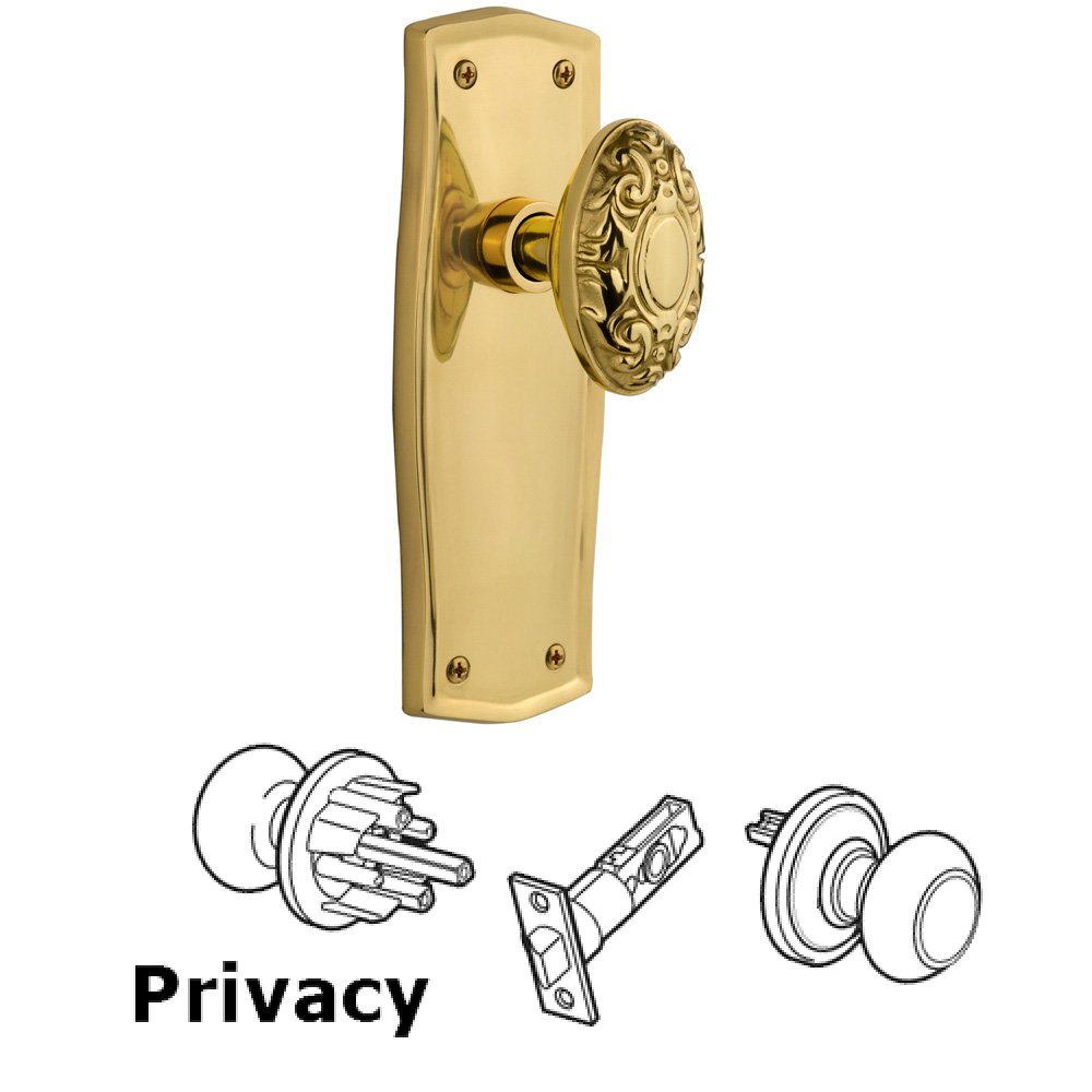 Complete Privacy Set Without Keyhole - Prairie Plate with Victorian Knob in Polished Brass
