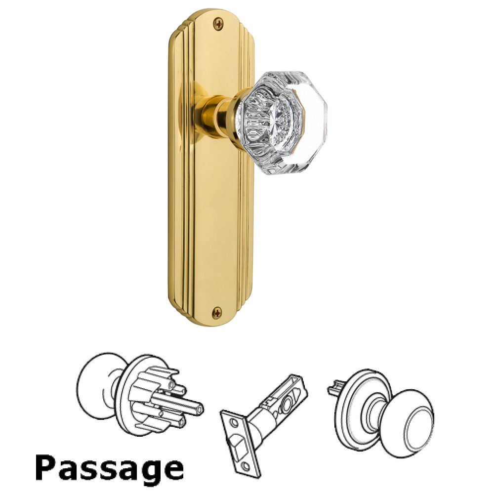 Complete Passage Set Without Keyhole - Deco Plate with Waldorf Knob in Polished Brass