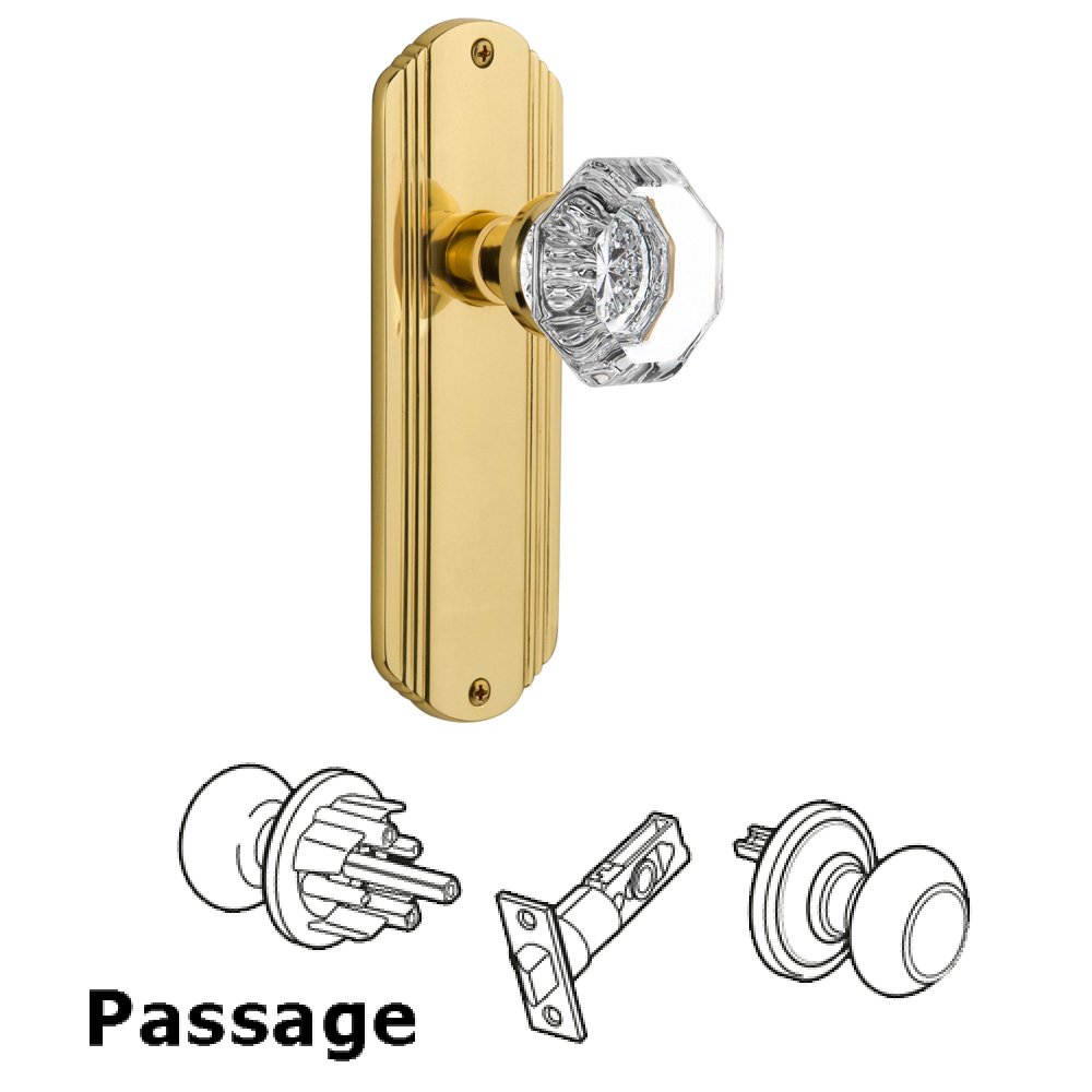 Complete Passage Set Without Keyhole - Deco Plate with Waldorf Knob in Unlacquered Brass