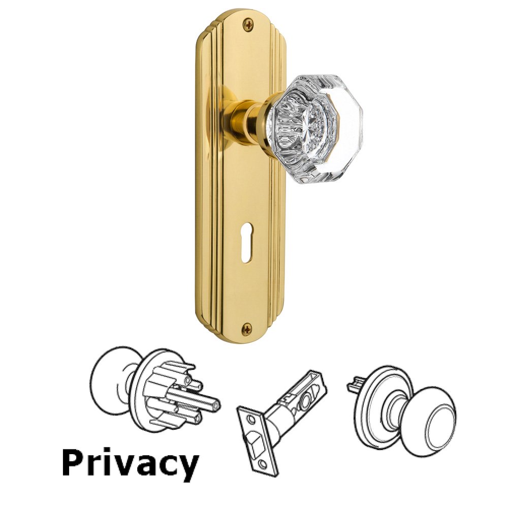 Complete Privacy Set With Keyhole - Deco Plate with Waldorf Knob in Unlacquered Brass