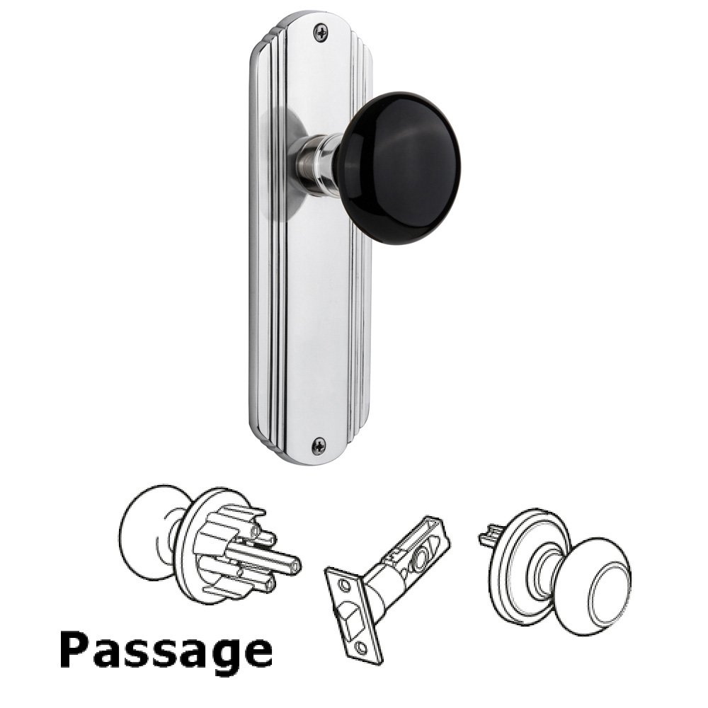 Passage Deco Plate with Black Porcelain Door Knob in Bright Chrome
