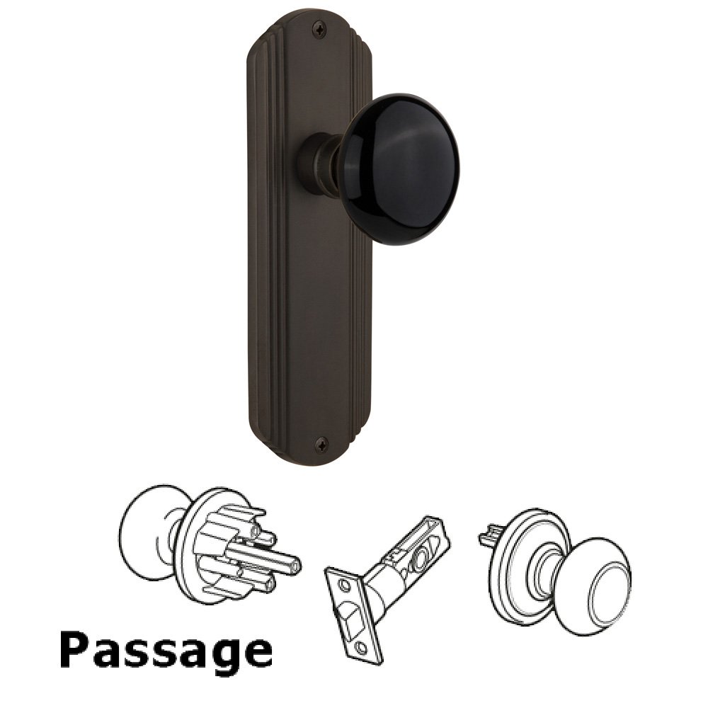 Complete Passage Set Without Keyhole - Deco Plate with Black Porcelain Knob in Oil Rubbed Bronze