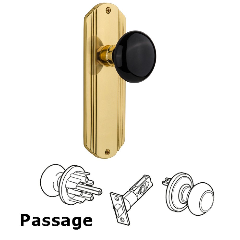 Complete Passage Set Without Keyhole - Deco Plate with Black Porcelain Knob in Polished Brass