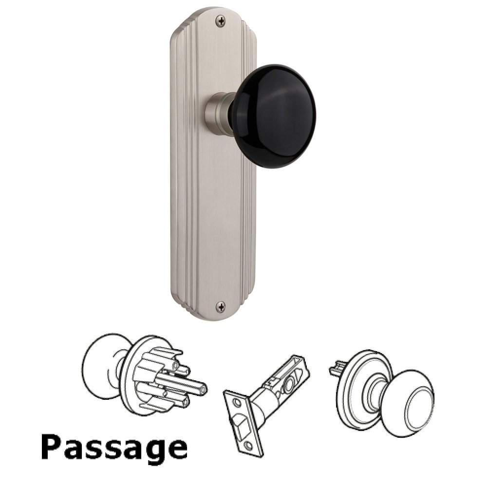 Complete Passage Set Without Keyhole - Deco Plate with Black Porcelain Knob in Satin Nickel