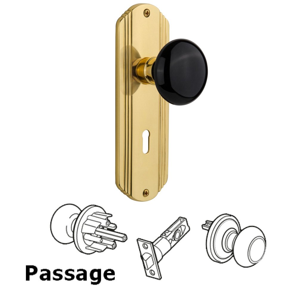 Complete Passage Set With Keyhole - Deco Plate with Black Porcelain Knob in Unlacquered Brass