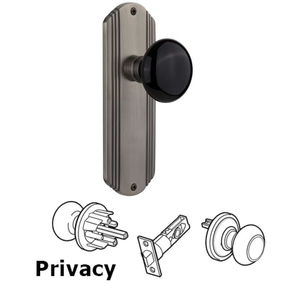 Complete Privacy Set Without Keyhole - Deco Plate with Black Porcelain Knob in Antique Pewter
