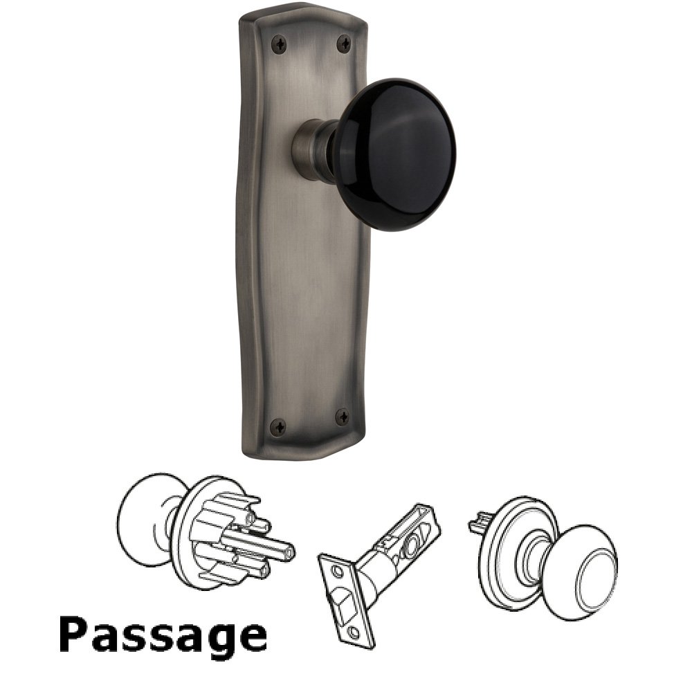 Complete Passage Set Without Keyhole - Prairie Plate with Black Porcelain Knob in Antique Pewter