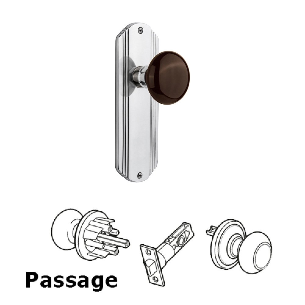 Complete Passage Set Without Keyhole - Deco Plate with Brown Porcelain Knob in Bright Chrome