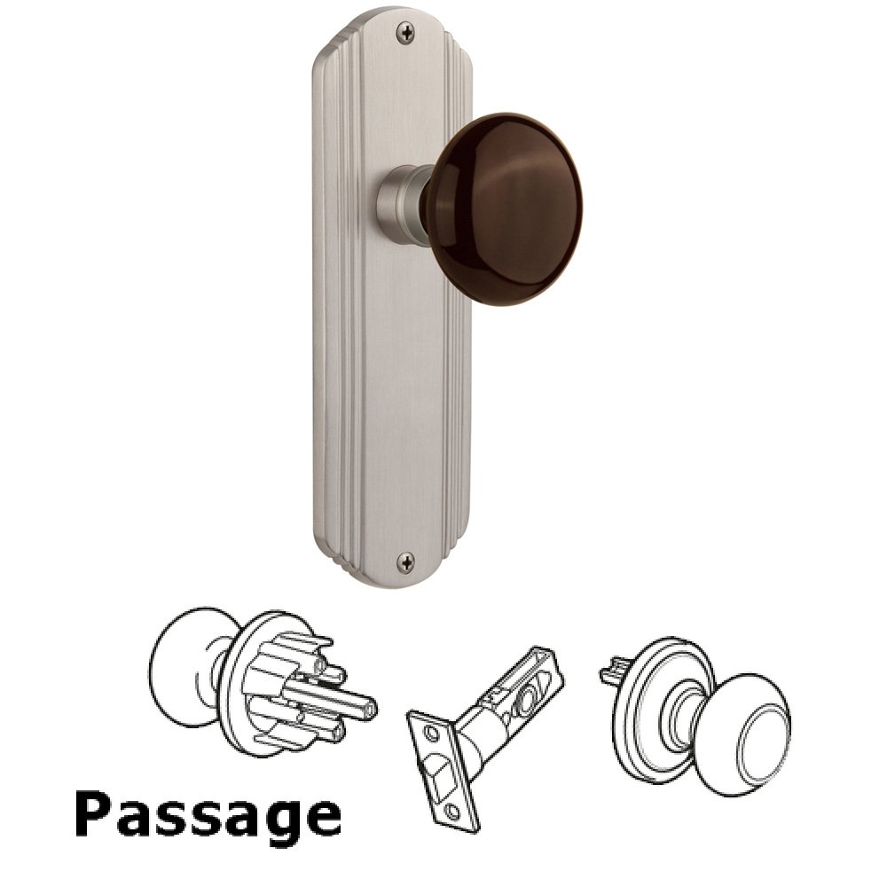 Complete Passage Set Without Keyhole - Deco Plate with Brown Porcelain Knob in Satin Nickel