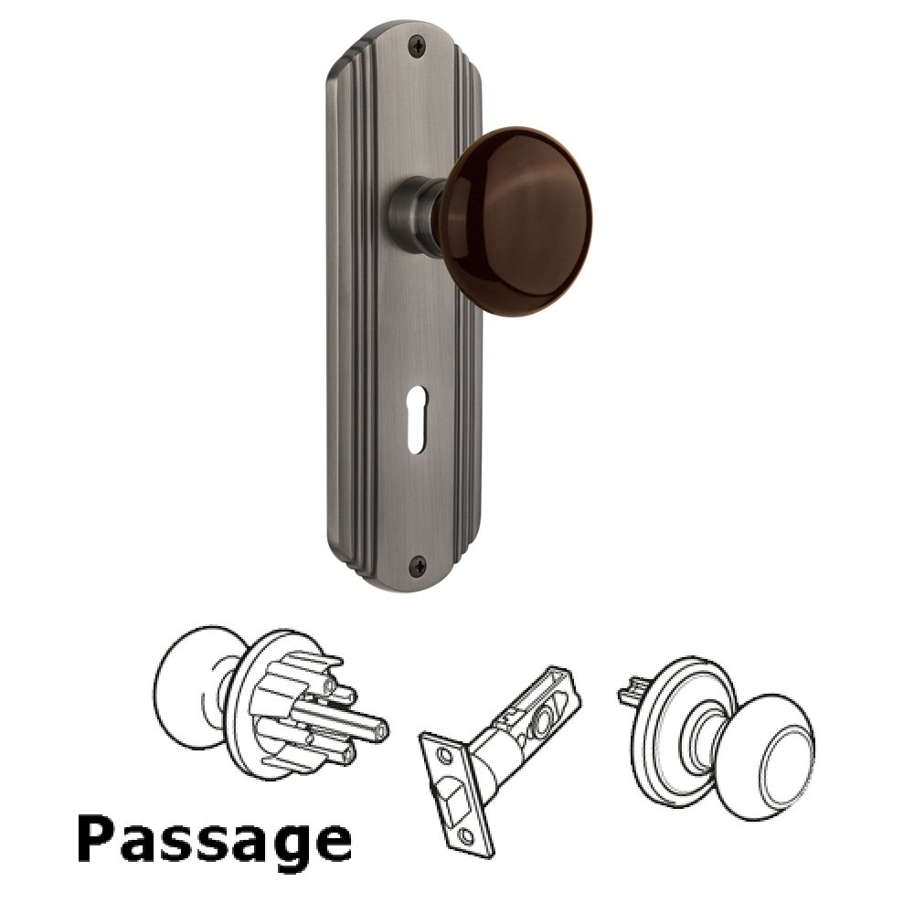 Complete Passage Set With Keyhole - Deco Plate with Brown Porcelain Knob in Antique Pewter