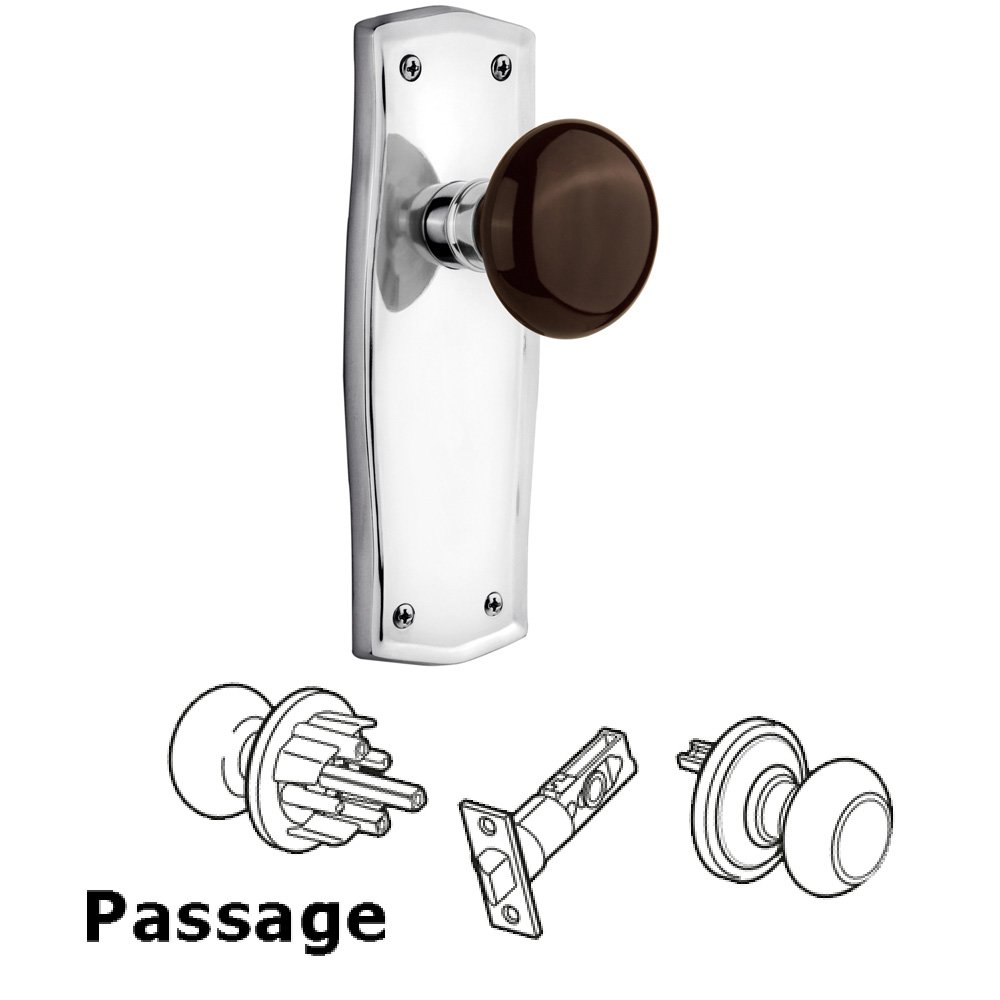 Complete Passage Set Without Keyhole - Prairie Plate with Brown Porcelain Knob in Bright Chrome