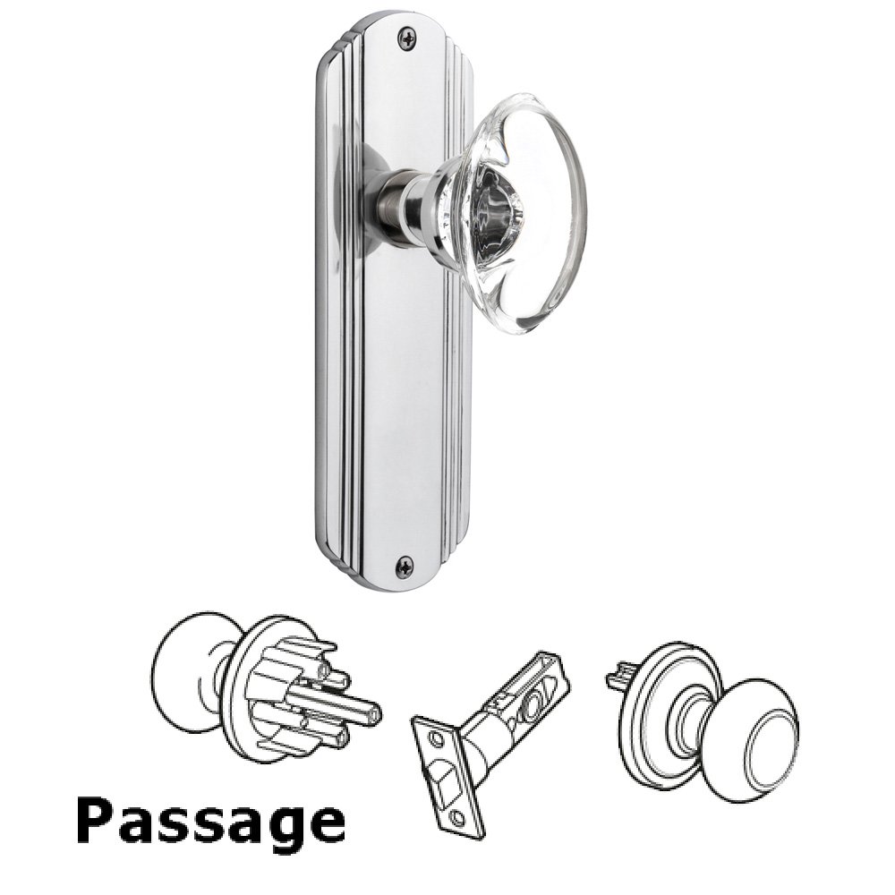 Complete Passage Set Without Keyhole - Deco Plate with Oval Clear Crystal Knob in Bright Chrome