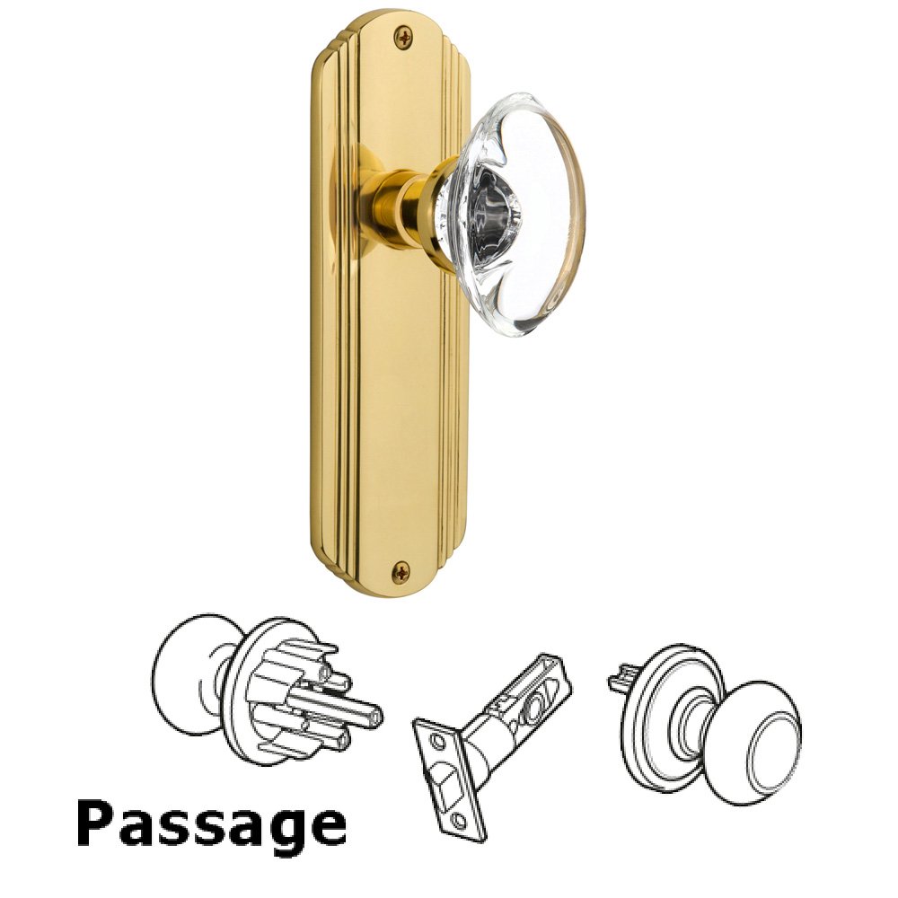 Complete Passage Set Without Keyhole - Deco Plate with Oval Clear Crystal Knob in Unlacquered Brass