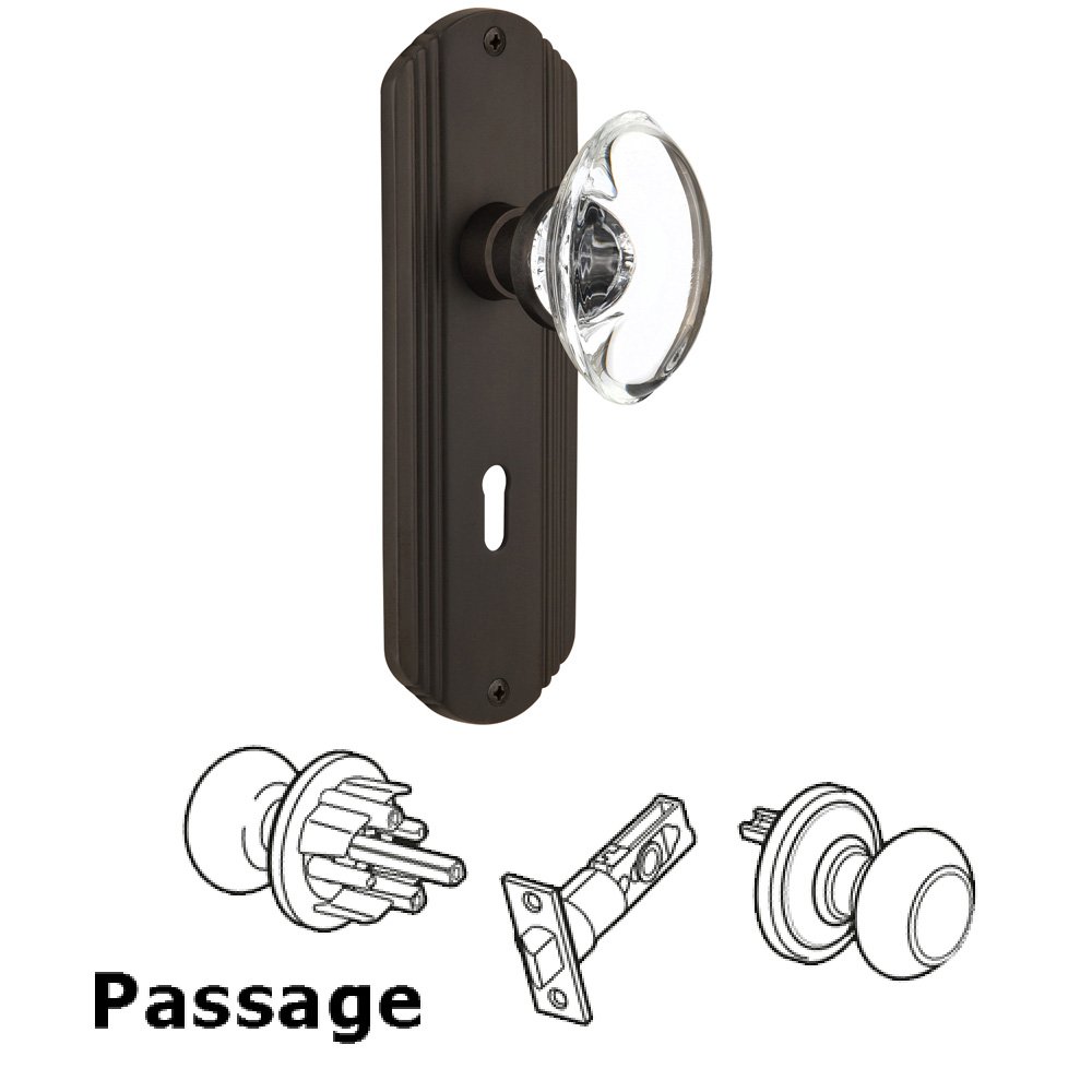 Complete Passage Set With Keyhole - Deco Plate with Oval Clear Crystal Knob in Oil Rubbed Bronze