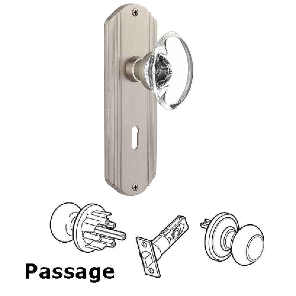 Passage Deco Plate with Keyhole and Oval Clear Crystal Glass Door Knob in Satin Nickel