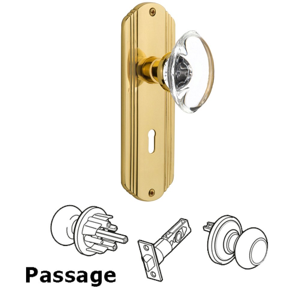 Passage Deco Plate with Keyhole and Oval Clear Crystal Glass Door Knob in Unlacquered Brass