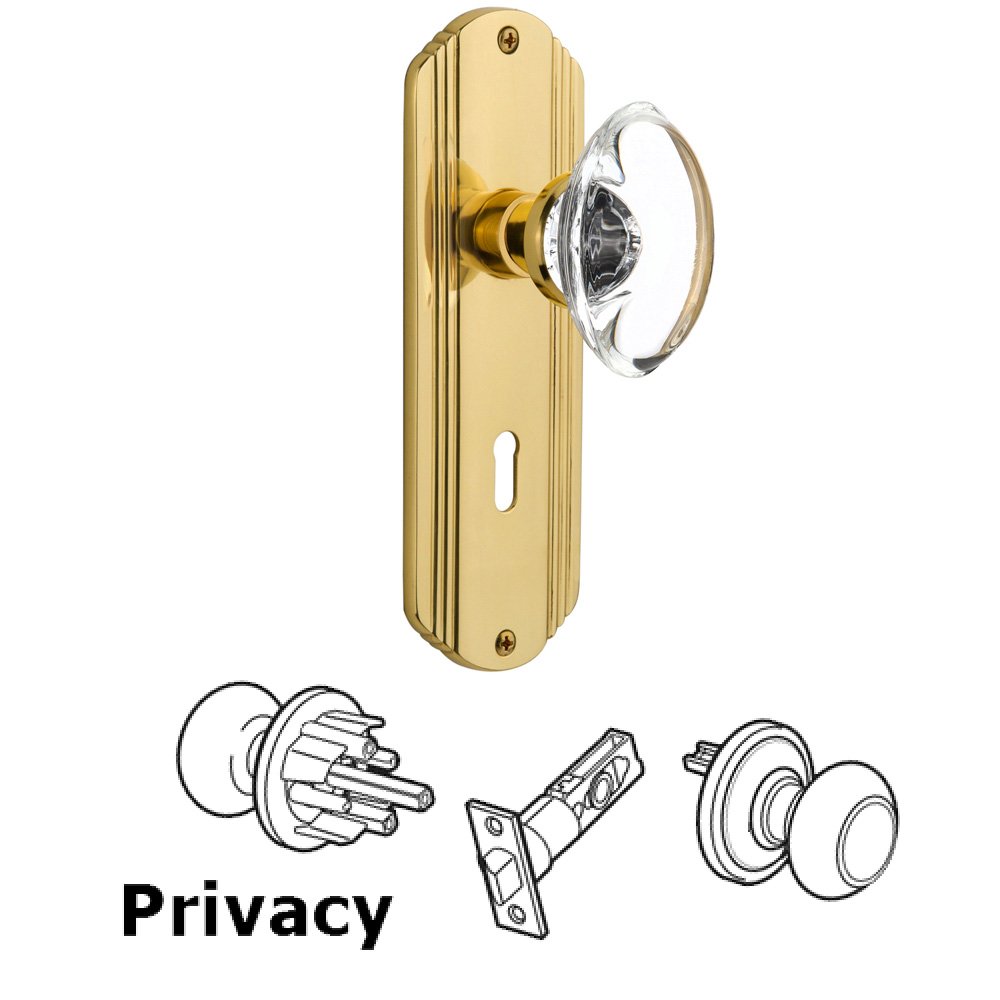 Complete Privacy Set With Keyhole - Deco Plate with Oval Clear Crystal Knob in Unlacquered Brass