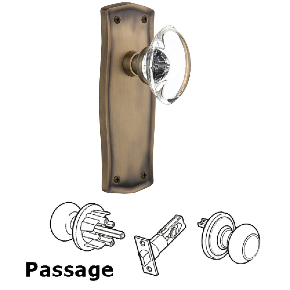 Complete Passage Set Without Keyhole - Prairie Plate with Oval Clear Crystal Knob in Antique Brass